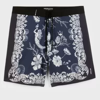 Calções de banho azul escuro com padrão branco de sereias e flores