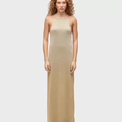 Vestido longo dourado feminino com alças finas