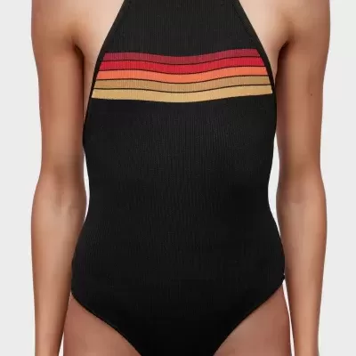 Fato de banho feminino preto com riscas coloridas no peito