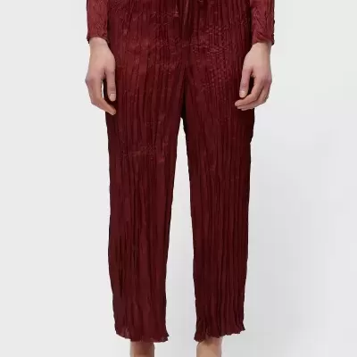 Calças femininas bordô plissadas com cintura elástica e cordão, calçado cinza claro