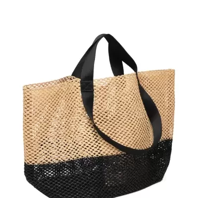 Saco tipo tote bege e preto com alças largas pretas