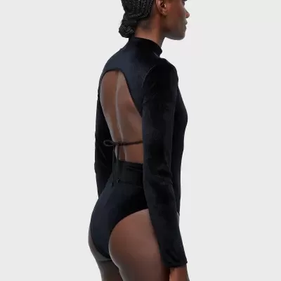 Fato de banho preto de manga comprida com costas abertas