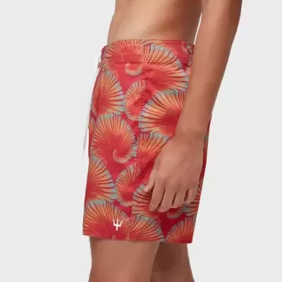 Calções de banho vermelhos com padrão de conchas em tons laranja e azul
