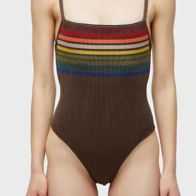 Fato de banho castanho com riscas coloridas horizontais na parte superior