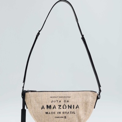 Bolsa de tecido juta bege com alça preta e texto impresso