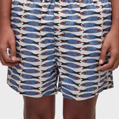 Calções de banho com padrão de peixes azuis e pretos