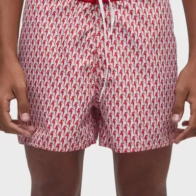 Calções de banho brancos com padrão de flamingos vermelhos e cós vermelho com cordão branco