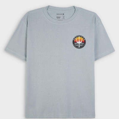 T-shirt cinzenta de algodão com estampado colorido no peito à esquerda