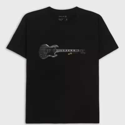 T-shirt preta com guitarra estampada e texto OSKLEN MUSIC