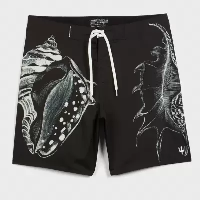 Calções de banho pretos com cordão branco e estampado de conchas