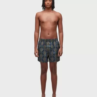 Homem em pé a usar calções de banho com padrão azul, dourado e verde e chinelos bege.