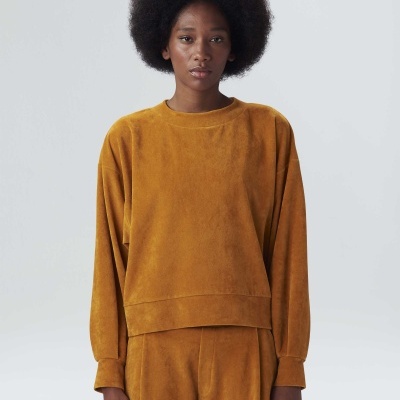 Conjunto feminino castanho dourado veludo com camisola de gola redonda e calças largas