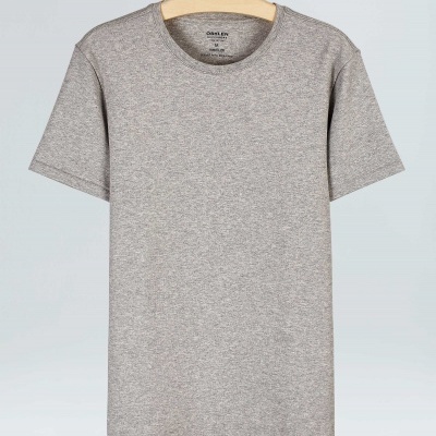 T-shirt cinzenta de malha, manga curta, gola redonda, pendurada em cabide de madeira claro