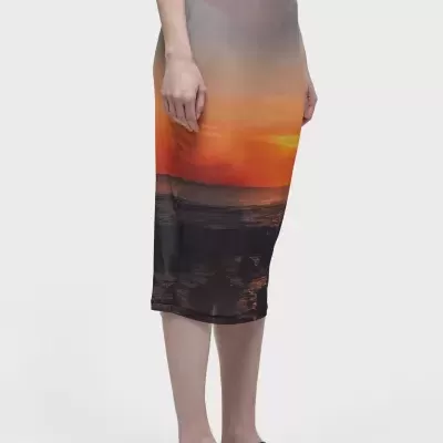 Saia midi estampada com pôr-do-sol e cós preto