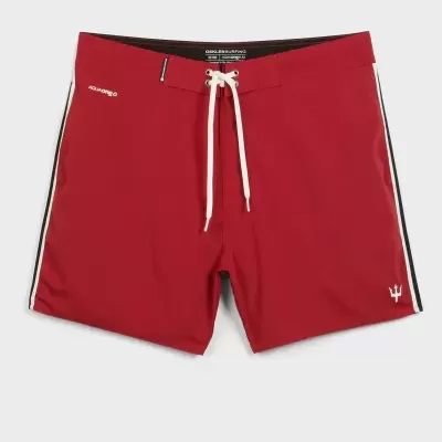 Calções de banho vermelhos com cordão branco e faixas laterais pretas e brancas