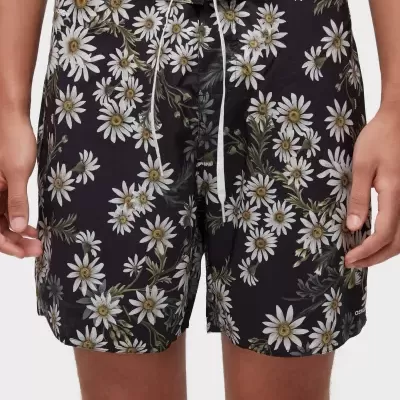 Calções de banho pretos com padrão floral e cordão branco