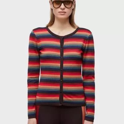 Camisola de malha fina riscada com botões à frente