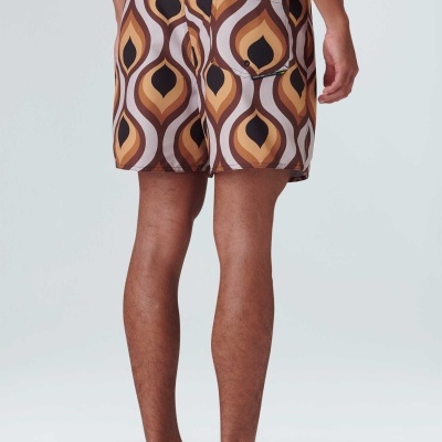 Calções de banho masculinos com padrão geométrico castanho, bege e preto