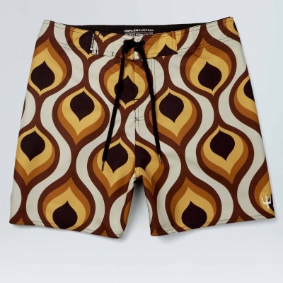 Calções de banho com padrão geométrico castanho e amarelo