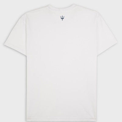 T-shirt branca com logótipo azul nas costas