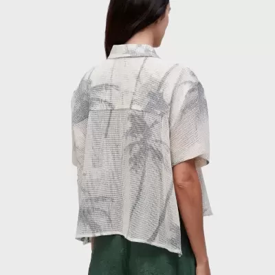 Camisa transparente de manga curta e calções verdes com textura.