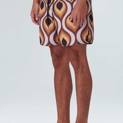 Calções de banho com padrão geométrico castanho e bege