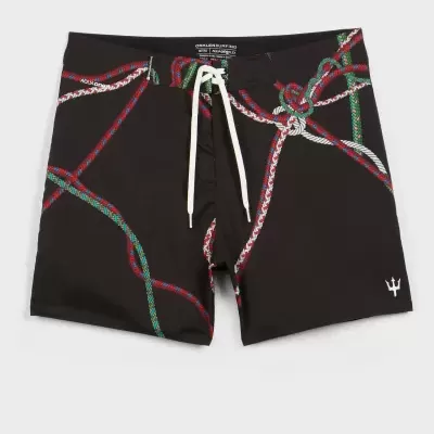 Calções de banho pretos com padrão de cordas coloridas e cordão branco