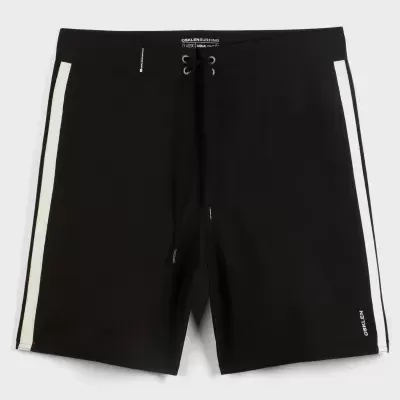 Calções de banho pretos com riscas brancas laterais e cordão na cintura