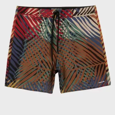 Calções de banho com padrão colorido de folhas e cordão preto na cintura