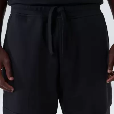 Pantalonas pretas com cordão e bolsos frontais, tecido liso.