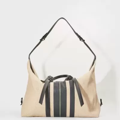 Saco mala bege com riscas pretas e alças de couro preto