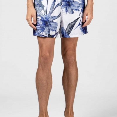 Calções de banho masculinos azul e branco com padrão floral