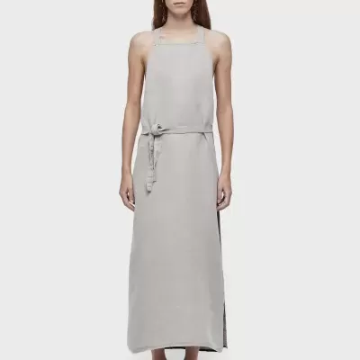 Vestido comprido cinzento claro com cinto e alças largas