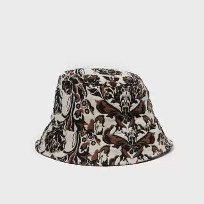 Chapéu tipo pescador com padrão floral castanho e preto