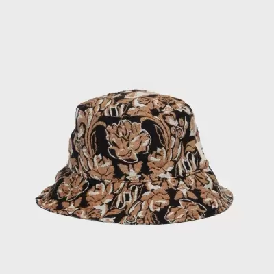 Chapéu tipo balde com padrão floral castanho e preto
