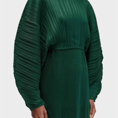 Vestido verde escuro plissado com mangas largas