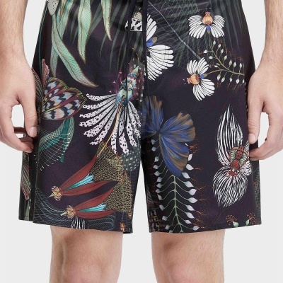 Calções de banho pretos com padrão floral colorido e cordão na cintura