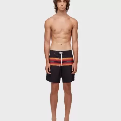 Calções de banho pretos com faixa de riscas coloridas e cordão branco