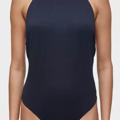 Fato de banho azul escuro de gola halter feminino