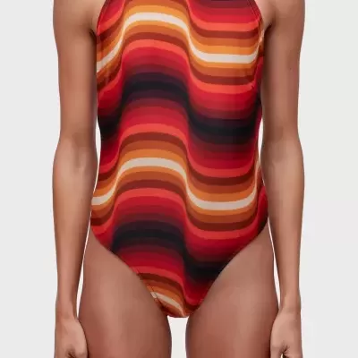 Fato de banho feminino com padrão de listras onduladas coloridas