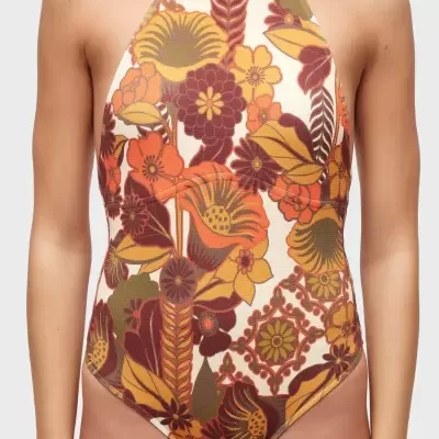 Fato de banho feminino floral em tons outonais com decote halter