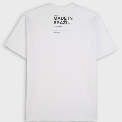 T-shirt branca de algodão com texto preto na parte de trás