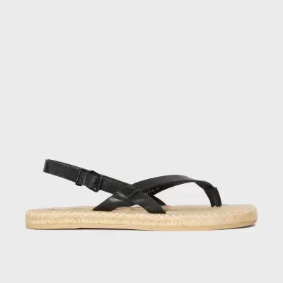 Sandália espadrille com sola bege e tiras pretas ajustáveis