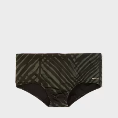 Cuecas masculinas padrão riscas pretas e verdes corte boxer com interior preto e texto OHKLIN.
