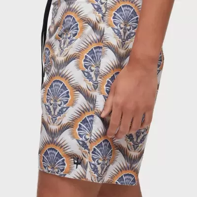 Calções de banho masculinos com padrão gráfico em azul, laranja e branco