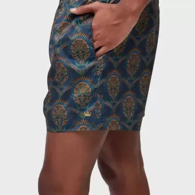 Calções de banho com padrão azul e castanho e bolso lateral