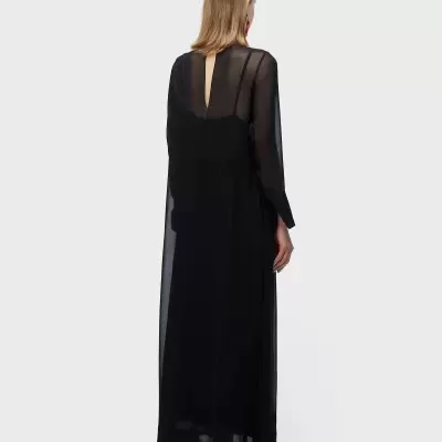 Vestido longo preto transparente com decote em V nas costas
