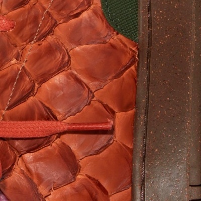 Sapato com textura de pele de réptil em tons castanhos e detalhes vermelhos e verdes