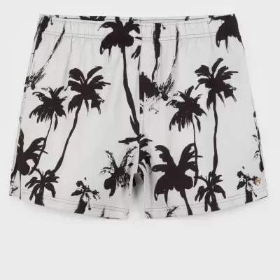 Calções de banho com palmeiras pretas sobre fundo branco.