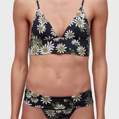 Biquíni feminino preto com padrão de margaridas brancas e verdes